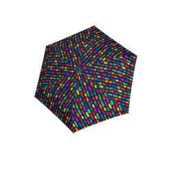 Compact, lightweight, and durable black umbrella with a vibrant, multicolored dot pattern. Provides UV protection and manual opening/closing.