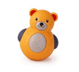 Soft, plush orange bear rattle with a round, roly-poly shape and a mirror surface for baby to explore.