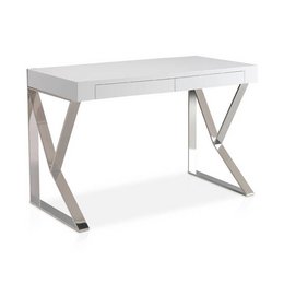 A modern, minimalist white wooden office desk with chrome steel legs. The desk features a clean, rectangular design with a smooth, glossy surface and a sturdy, geometric base.