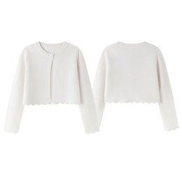  Ecru-colored cropped cardigan with scalloped edges, suitable for party fashion accessories.