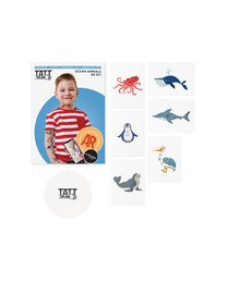 Temporary tattoo set featuring ocean animals including shark, dolphin, and penguin. Suitable for party and fashion accessories.