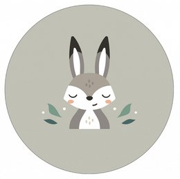 Round wall art featuring a cute gray rabbit with blue and green accents. Suitable for a child's bedroom or nursery decor.