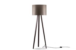 Tall, modern floor lamp with a black metal tripod base and a gray fabric drum shade.