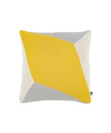 Cushion cover with a bold yellow and gray geometric design, suitable for modern home decor.