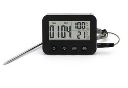 Digital thermometer with steel body, displays temperature range.