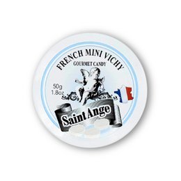 Round white tin container with blue and black label featuring a goat illustration and the text "Marshmallows Basin de Vichy Saint Argo". The container appears to hold white marshmallow candies.