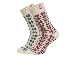 Scandinavian wool socks in a neutral color palette with a repeating pattern of red and gray snowflakes. The socks are available in multiple size options.