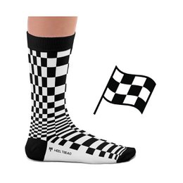 Black and white checkered socks with a racing flag design. Made of cotton blend material for comfort and durability. Available in sizes L (41-46 UK, 8-12 US) and M (36-40 UK, 4.5-7.5 US).