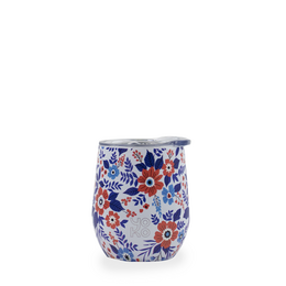 25cl insulated mug with a floral pattern in blue, orange, and white colors. Suitable for travel and outdoor use.
