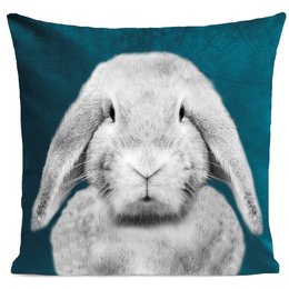 Soft, plush cushion with a close-up image of a gray rabbit on a teal background. Suitable for home decor or as a gift.
