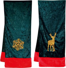 Emerald green table runner with gold snowflake and deer design, perfect for holiday decor.