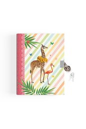 Diary with a sweet safari-themed design featuring a giraffe, palm leaves, and a striped background. The diary has a lock and key for privacy.