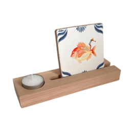  Wooden tile holder for tea light with a decorative tile featuring an orange fish design.