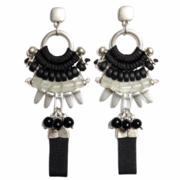 Statement earrings with black and white beaded fringe design, featuring a circular metal frame and dangling black beads.