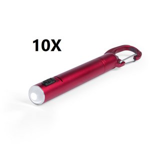 10 x rode balpen met ingebouwde LED-zaklamp. Lichaam in een gladde metalen afwerking en kap met karabijnhaak. In blauwe inkt met knop. Celbatterijen inbegrepen. 11 x cm | 1 Ø