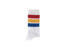White socks with colorful horizontal stripes in red, yellow, and blue.