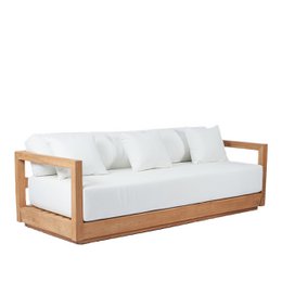  Three seater outdoor sofa, wooden frame, white cushions, modern minimalist style, garden furniture