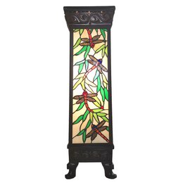 Multicolored stained glass floor lamp with a tall, column-like design. Features a mix of vibrant colors and leaf-like patterns, creating a warm and decorative lighting piece.
