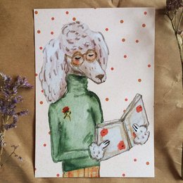 A whimsical postcard featuring a poodle reading a book, dressed in a green sweater. The postcard has a polka dot background and a red rose in the corner.