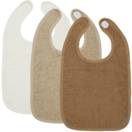  Set of 3 terry cloth bibs in off-white, sand, and toffee colors. Soft, absorbent material for catching drool and spills during feeding.
