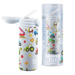 "IZY Kids Bottle, Blue Machines, 350ml, gift box - Children | Thermos flask | Drinking Bottle | Water Bottle | School bottle | Vacuum Flask | Kids bottle | thermos cup | drinking cup | bottle with straw"

The product is a kids' water bottle with a blue machine/vehicle design. Key features include:
- 350ml capacity
- Comes in a gift box
- Thermos flask/vacuum flask design to keep drinks hot/cold
- Suitable for children
- Can be used as a drinking bottle, water bottle, school bottle, etc.
- Features a straw for easy drinking

This product would be suitable for a semantic search related to 'kids bottles' or 'water bottles for children' based on the colors, design, and intended use.