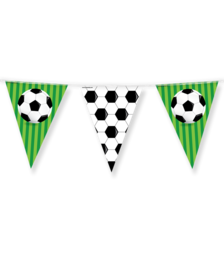 Colorful football-themed party flags with soccer ball patterns and green striped background. Ideal for sports-themed events, celebrations, or decorations.