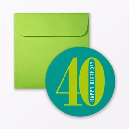 A round birthday card with the number "40" in large green text, surrounded by a teal circle. The card comes with a matching green envelope.