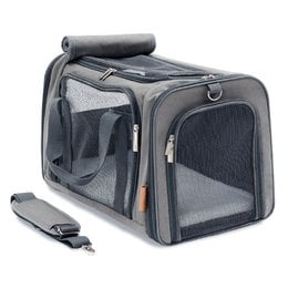 Gray and black pet carrier with mesh panels, suitable for transporting cats and small dogs.