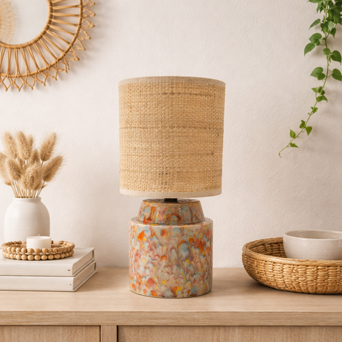 Rot, Orange, Gelb, Grün und blau kristalliner Handglasierung Keramiklampe mit Raffia/Rattan -Schatten, ein tolles Wohnkultur!