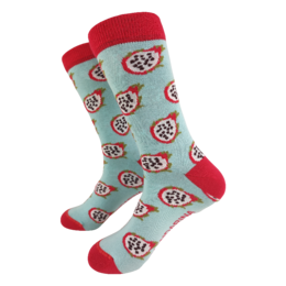Colorful socks featuring a repeating pattern of dragon fruit slices in shades of red, pink, and green. The socks have a comfortable, stretchy fit and are made of a soft, breathable material.