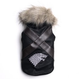 Black dog coat with fur-trimmed hood, featuring a Stark direwolf emblem. Made of durable, water-resistant material for cold weather protection.