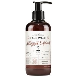 Exfoliating gel cleanser for men's skin, with a brown bottle and black pump dispenser. Designed to cleanse and exfoliate, leaving skin refreshed.