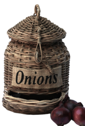 Woven wicker storage basket with "Onions" label, suitable for storing onions or other produce. Rustic, natural design with a domed lid.