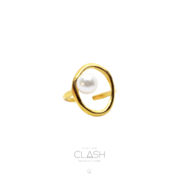 Gold-toned open circle ring with a single pearl in the center, a statement piece for formal or casual wear.
