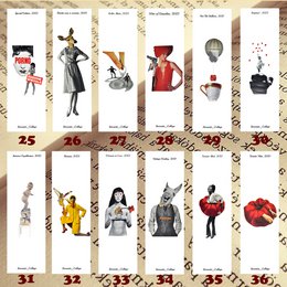Bookmarks with print of paper collage, featuring various whimsical illustrations including a woman in a red dress, a teacup, and a ladybug. The bookmarks come in a variety of numbered variants.