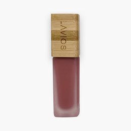 Matte liquid lipstick in a dusty rose shade with a wooden applicator.
