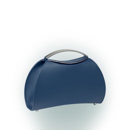 A navy blue, semi-circular handbag with a curved handle and a sleek, minimalist design.