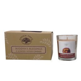 Green votive candle with a Buddha's Blessing design. Made of soy wax and scented with a calming aroma. Ideal for meditation and relaxation.