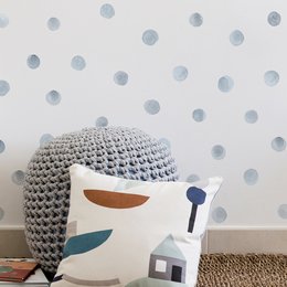 Watercolor dots wall sticker in various colors and sizes for kids' room decor. Includes blue, green, pink, yellow, brown, and grey options.
