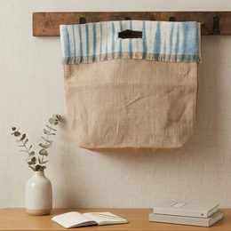  Jute indigo striped handbag, natural beige woven material, blue white striped fabric trim, tote style bag.
