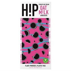 Vegan oat milk chocolate bar with cookies and no cream. Dark chocolate bar with a pink and black patterned wrapper featuring circular shapes.