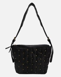  Black leather shoulder bag with gold-tone studs, adjustable strap, and zipper closure.