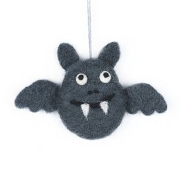 Handmade felt Batty Halloween Hanging Decoration, a black bat-shaped decoration with large eyes and sharp teeth, perfect for adding a spooky touch to your Halloween decor.