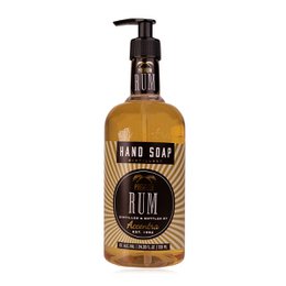 Rum-scented hand soap in a rum bottle design. Liquid hand soap with a rum fragrance, packaged in a bottle that resembles a rum bottle.