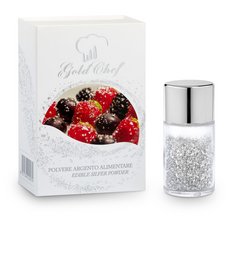 Silver-colored edible powder in a salt shaker-style container, used as a food coloring. The powder appears to be sprinkled over a pile of fresh red raspberries.