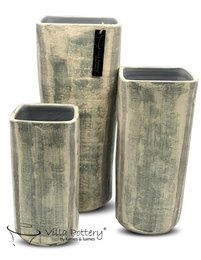 A set of three tall, cylindrical vases in a distressed, weathered gray finish. The vases vary in size, with the largest measuring approximately 20x50cm. The textured surface and neutral color palette make these vases suitable for a variety of home decor styles.