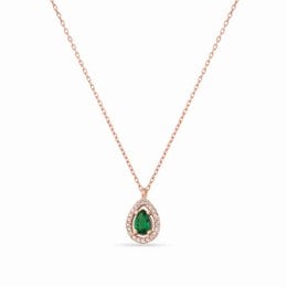 Rose gold necklace with a teardrop-shaped emerald pendant surrounded by a halo of small diamonds.