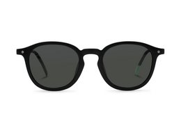 Black round sunglasses with dark lenses and a sleek, modern design.