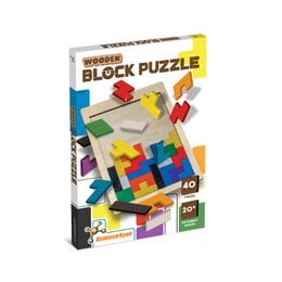 Colorful wooden block puzzle toy with 40 pieces in various geometric shapes and bright colors, suitable for children to develop spatial awareness and problem-solving skills.