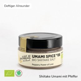 Bio Umami Spice No. 8 is a spice mix featuring shiitake salt. The product has a round, tall glass jar with a black lid. The label features the product name and description in white text on a light background.